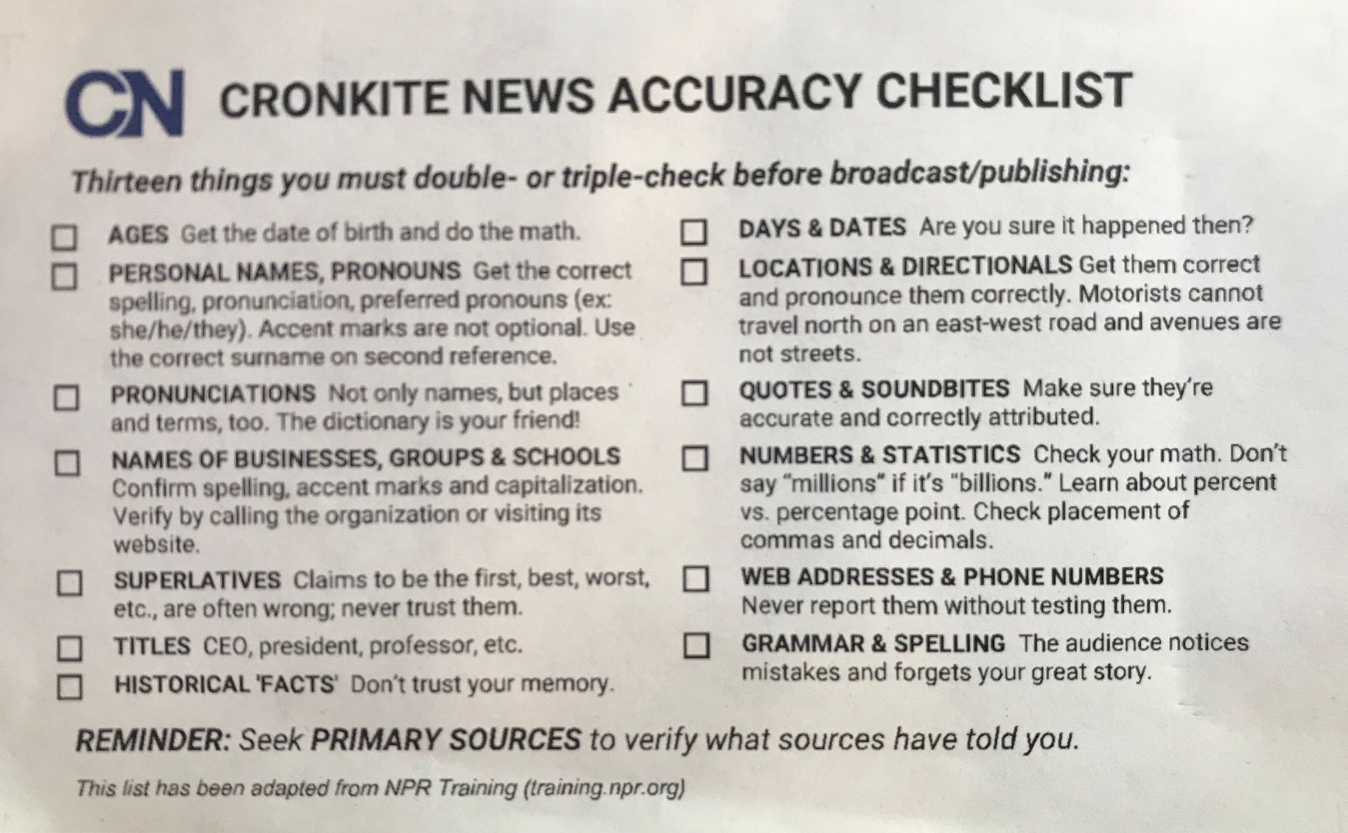 A 'Checklist Manifesto' for News Cronkite News Lab